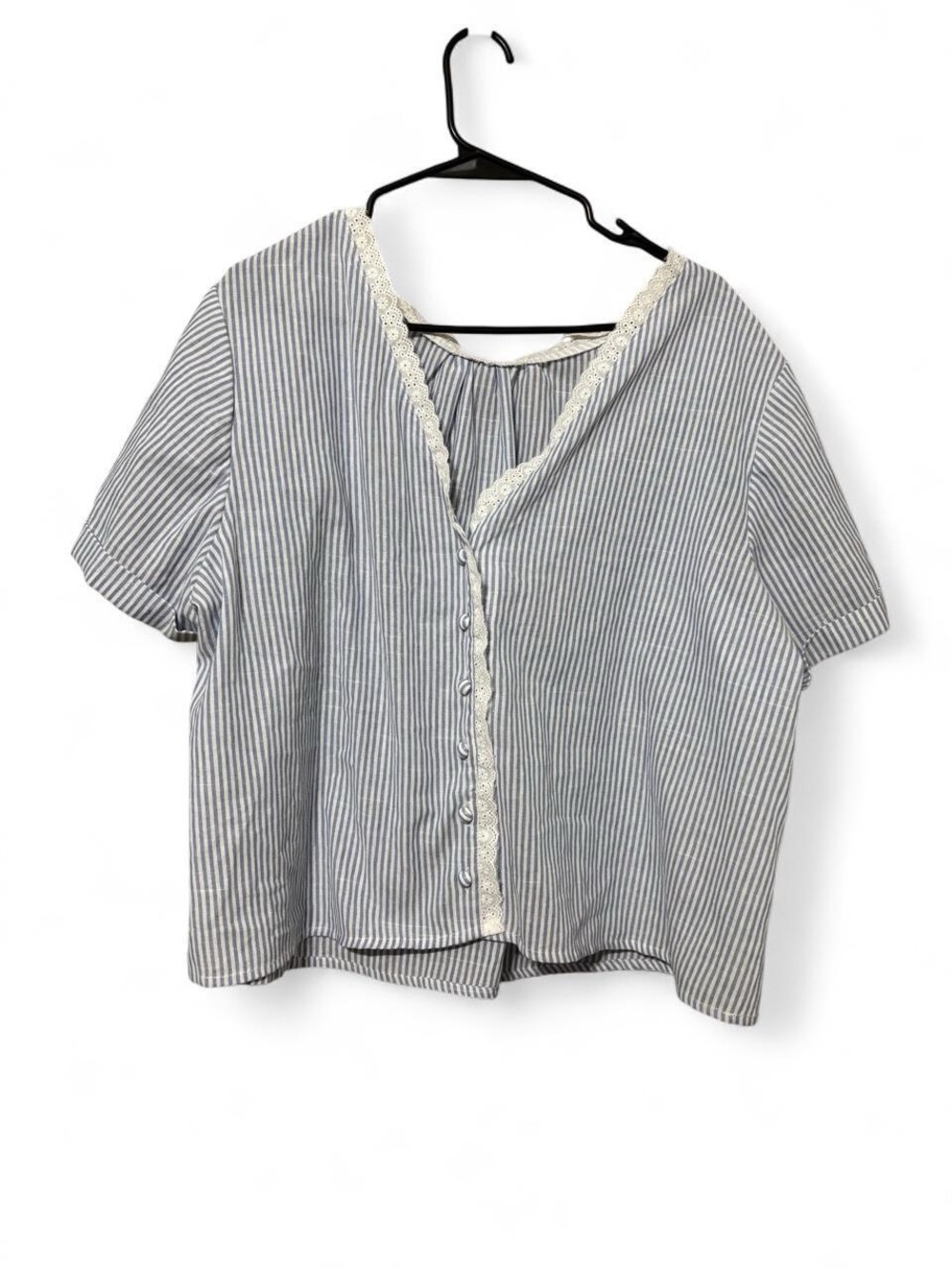 SHEIN Striped Blue and White Button-Front Lace Trim Top